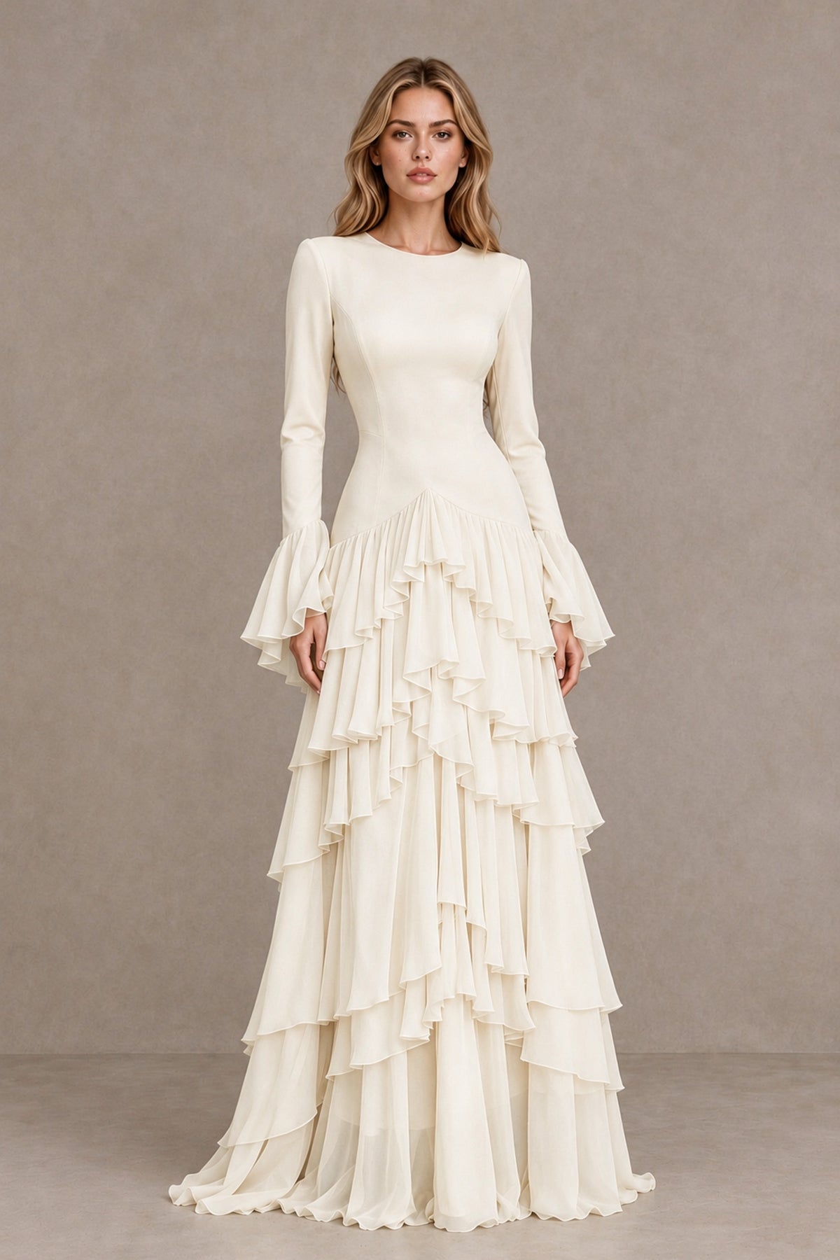 Ivory Long Sleeve Tiered Ruffle Evening Gown - Ivory - Ivory_1