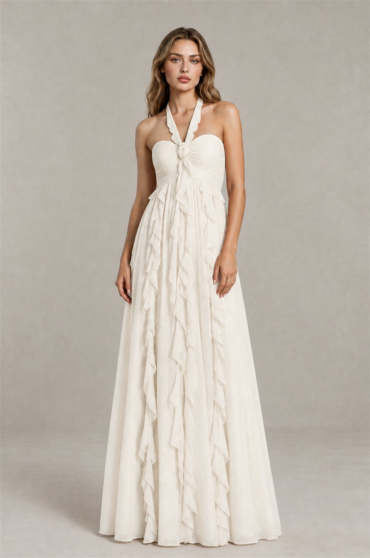 BOLODOO Ivory Halter Ruffle A-Line Floor-Length Evening Dress - Ivory - Ivory_1