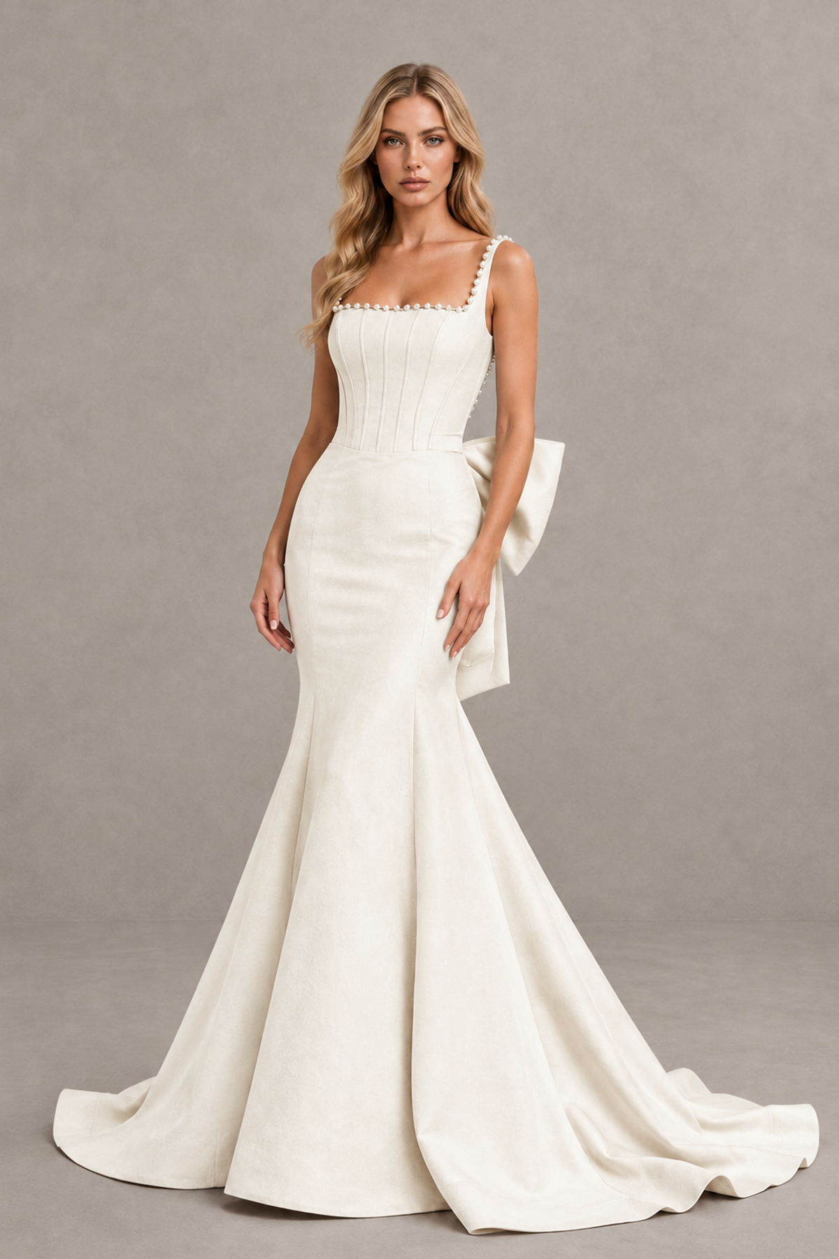 BOLODOO Ivory Pearl-Trim Mermaid Prom Dress with Back Bow - Ivory - Ivory_1