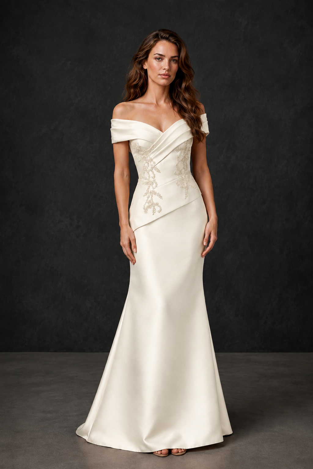 BOLODOO Ivory Satin Off-Shoulder Sweetheart Asymmetric Peplum Mermaid Gown with Ivory Floral Embroidery | MOB Evening Dress - Ivory
