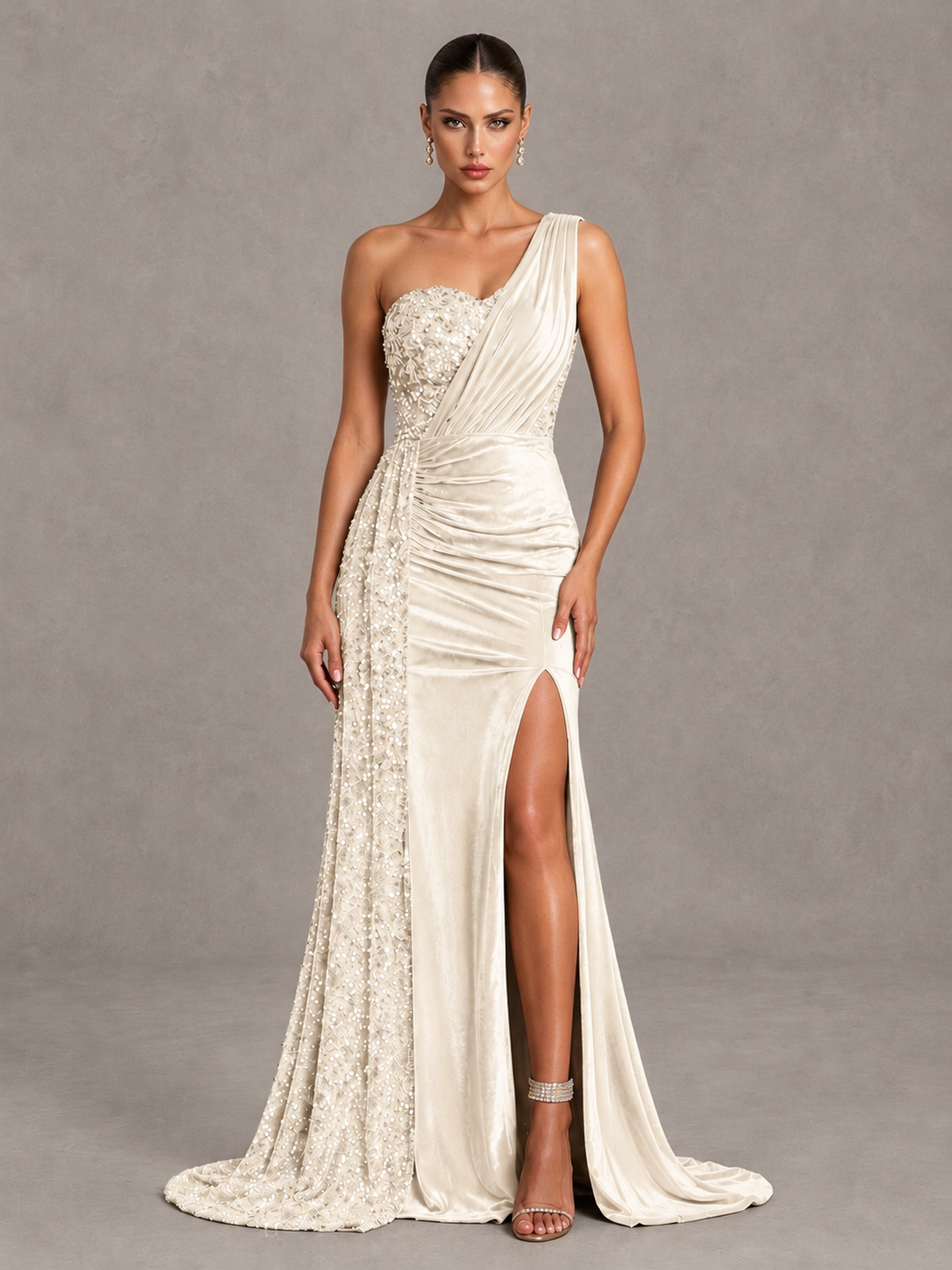 BOLODOO Ivory One-Shoulder Satin Sequin Gown with High Slit - Ivory - Ivory_1