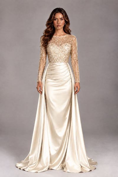 BOLODOO Ivory Long Sleeve Embellished Satin Evening Gown with Sweep Train - Ivory - Ivory_1