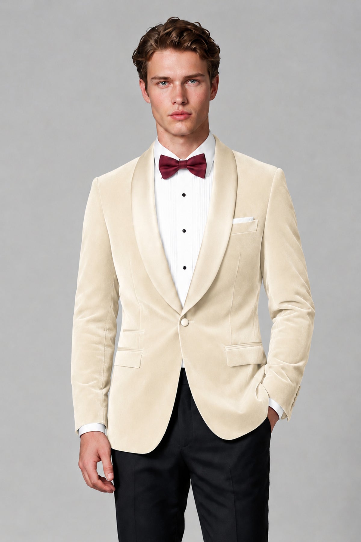 BOLODOO Men's Ivory Velvet Blazer | Shawl Lapel Tuxedo Jacket - Ivory - Ivory_1