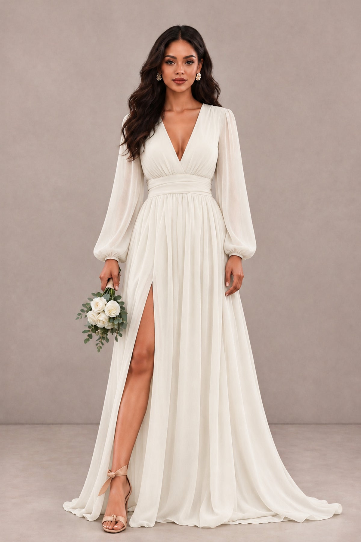 BOLODOO Ivory Long Sleeve V-Neck A-Line Gown with Open Back & Slit - Ivory - Ivory_1