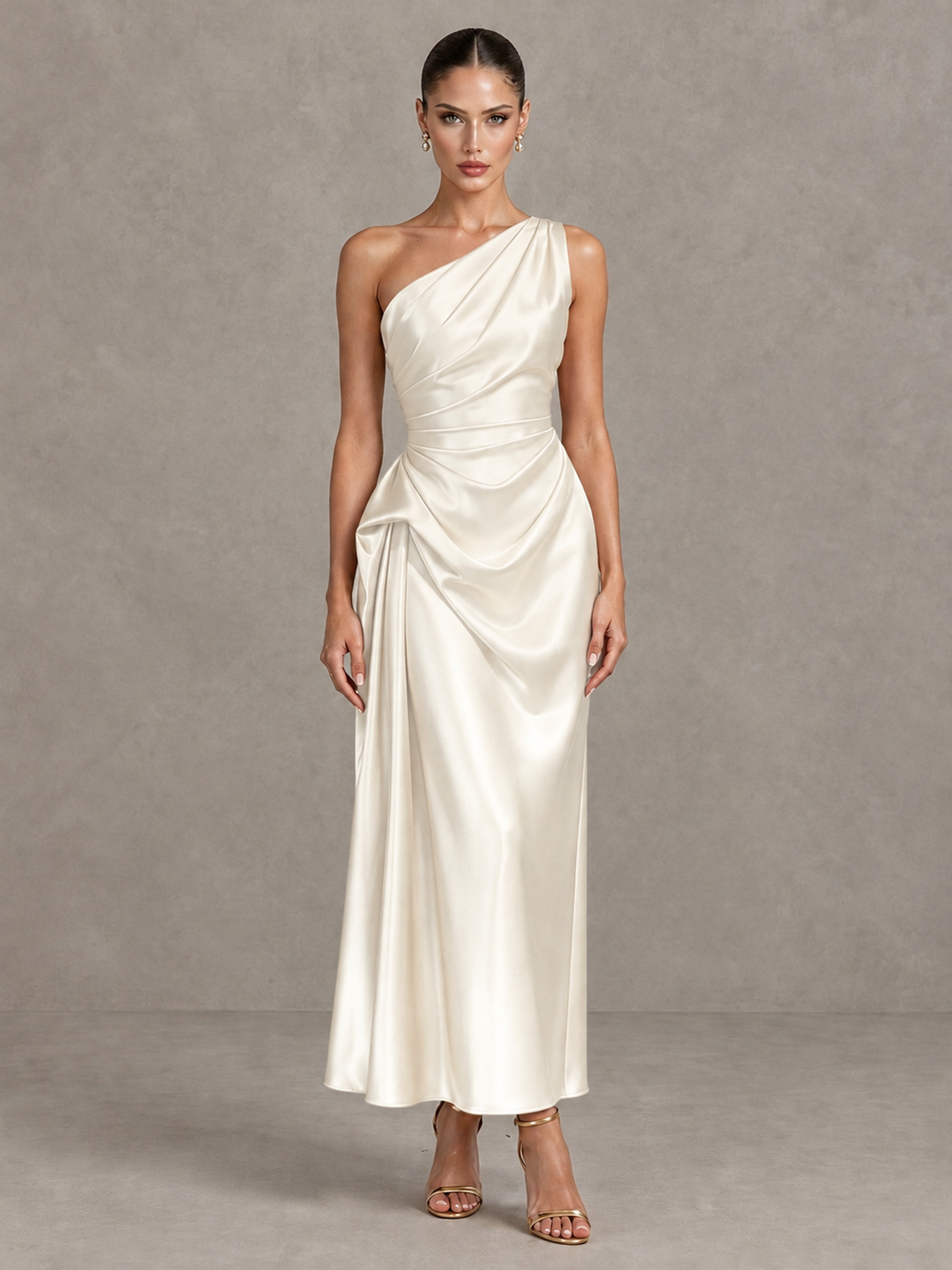 BOLODOO Ivory One Shoulder Satin Cocktail Dress with Draped A-Line Skirt - Ivory - Ivory_1