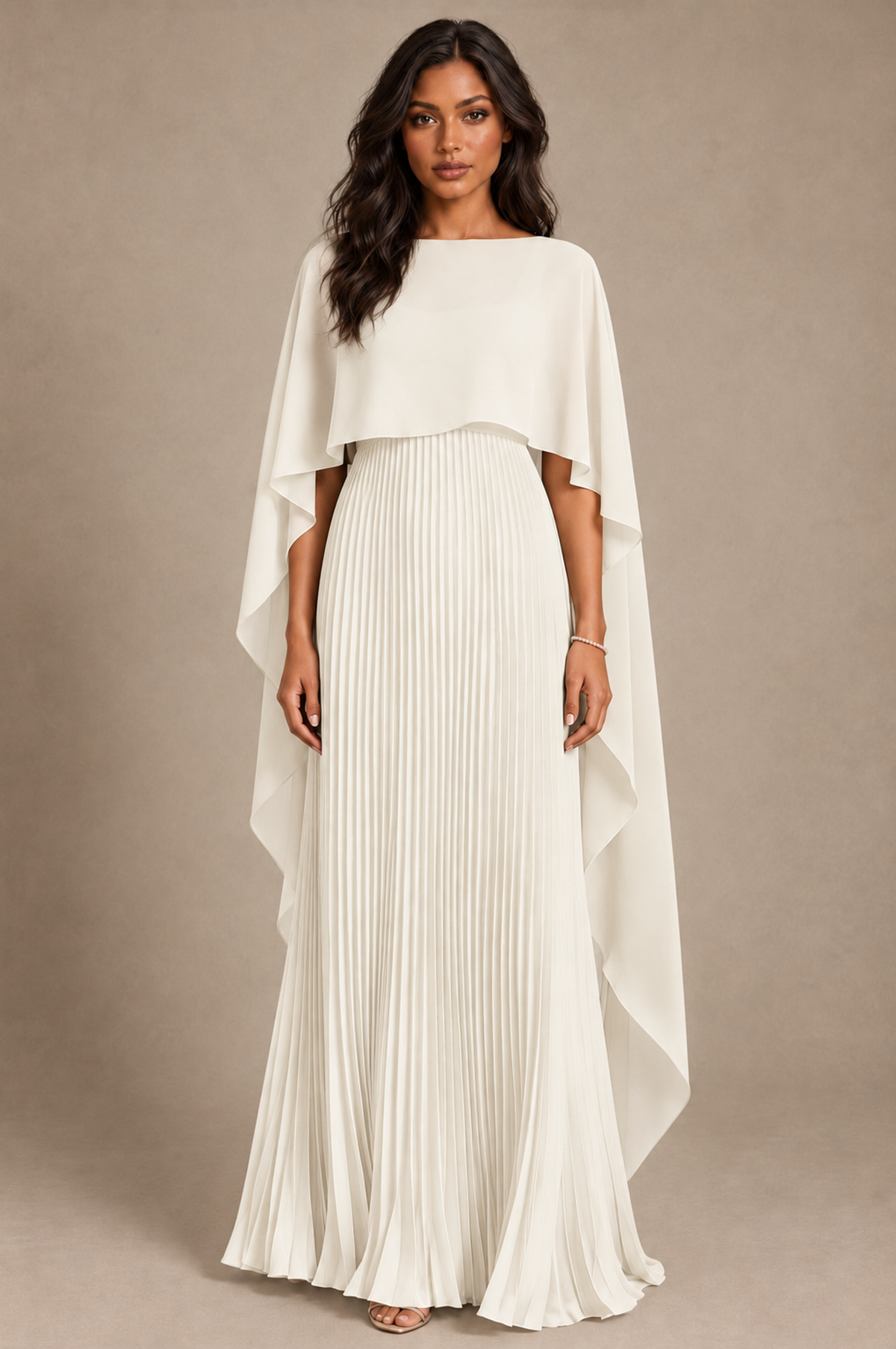 BOLODOO Ivory Pleated Cape A-Line Evening Dress - Ivory - Ivory_1