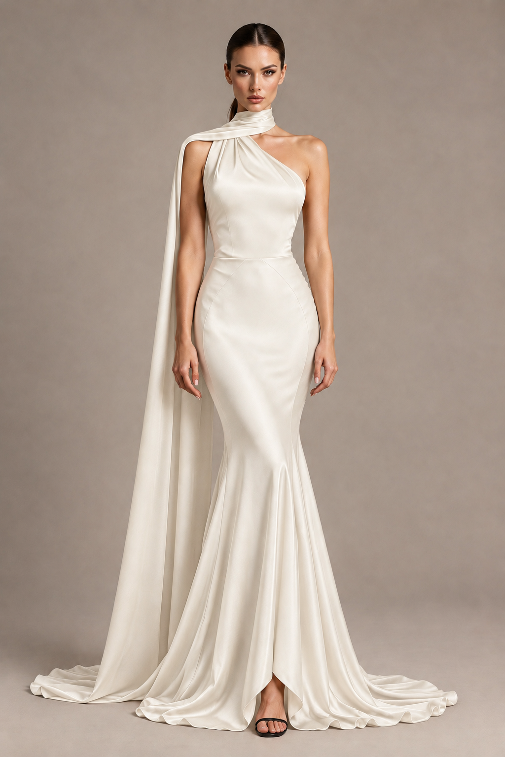 BOLODOO Ivory One-Shoulder Satin Mermaid Evening Dress with Scarf - Ivory - Ivory_1