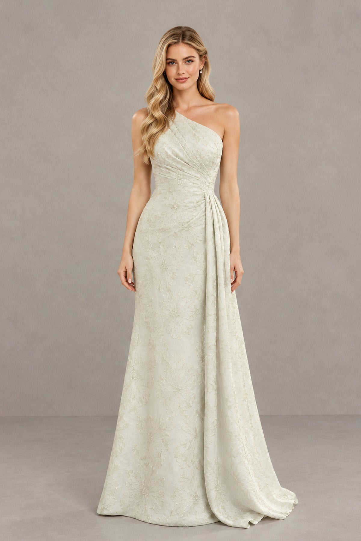 BOLODOO Ivory One-Shoulder Textured Formal Gown - Ivory