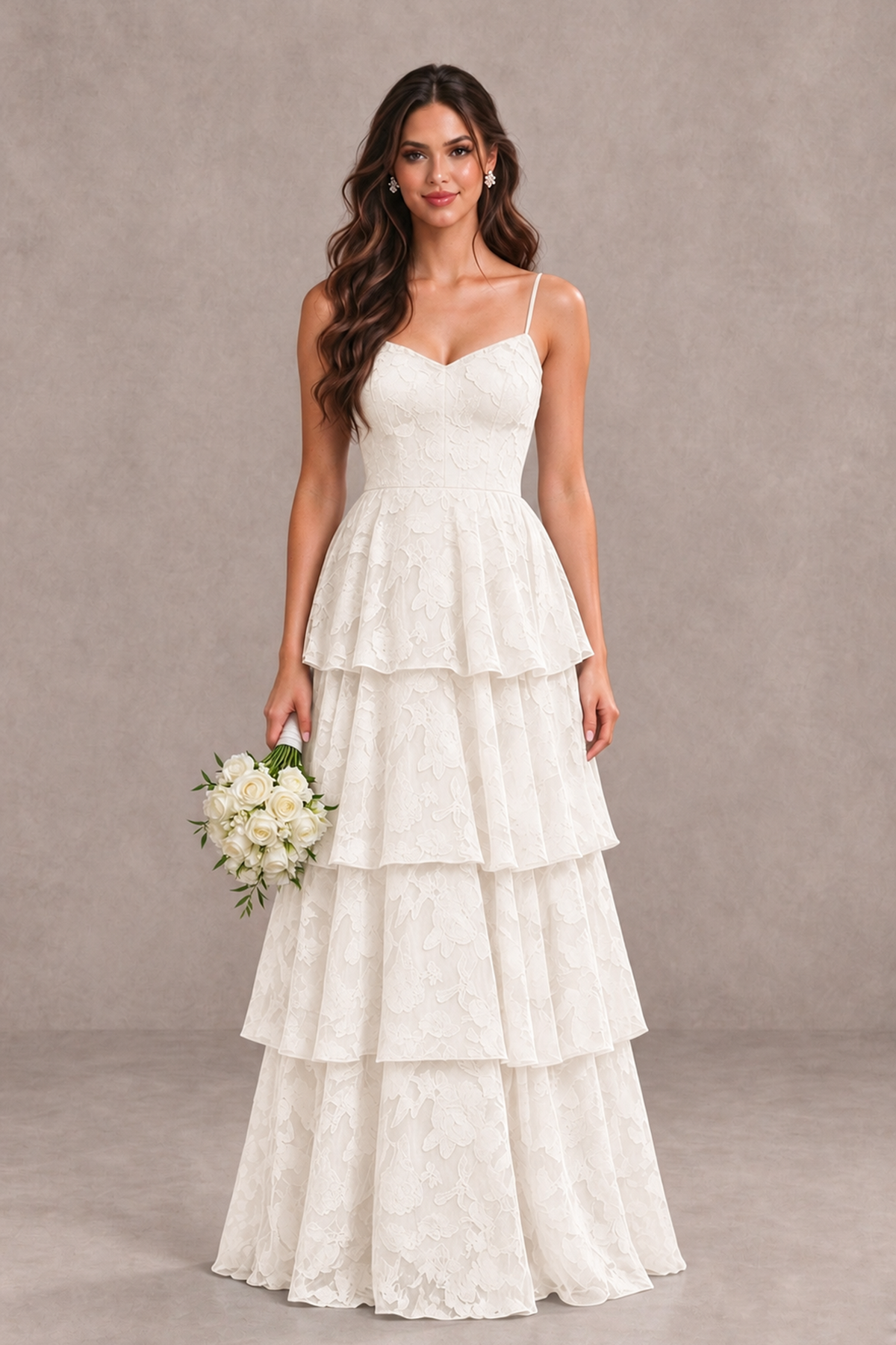 BOLODOO Ivory Tiered Floral-Textured Spaghetti Strap Maxi Dress - Ivory - Ivory_1