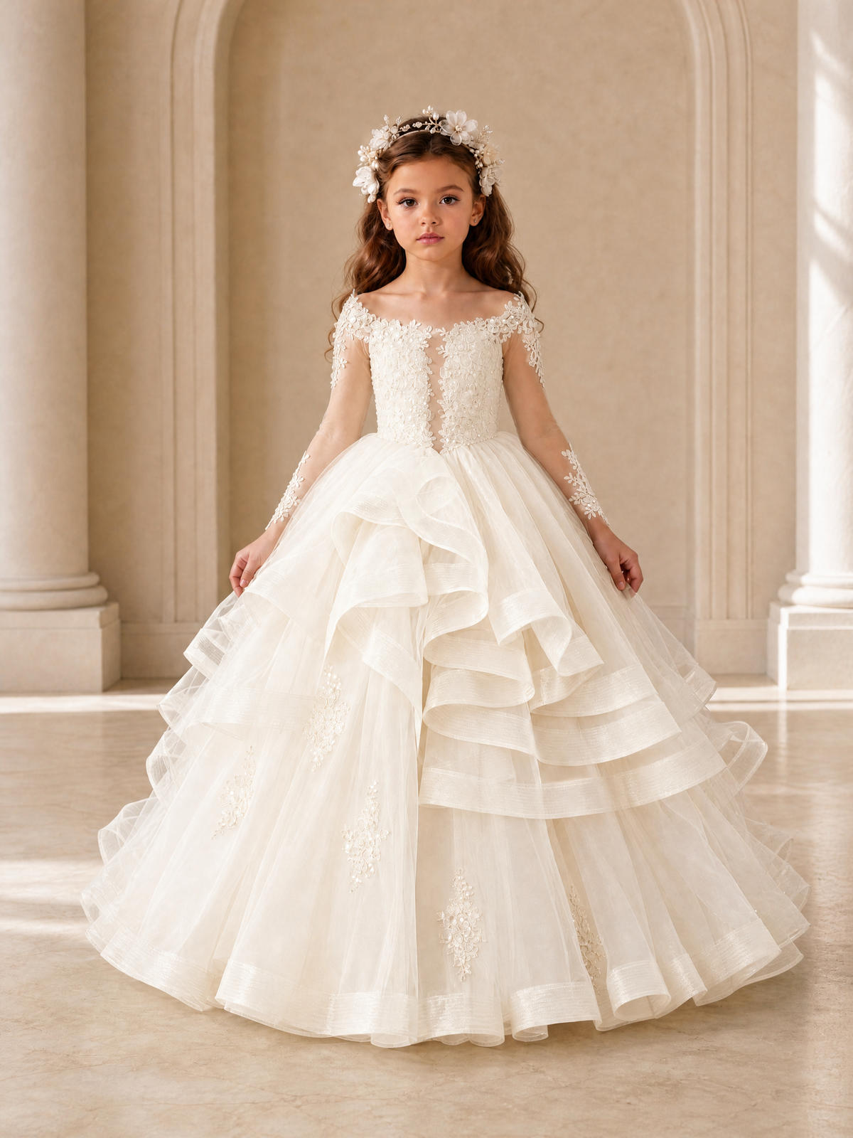 BOLODOO Ivory Lace Long Sleeve Tiered Flower Girl Dress - Ivory - Ivory_1