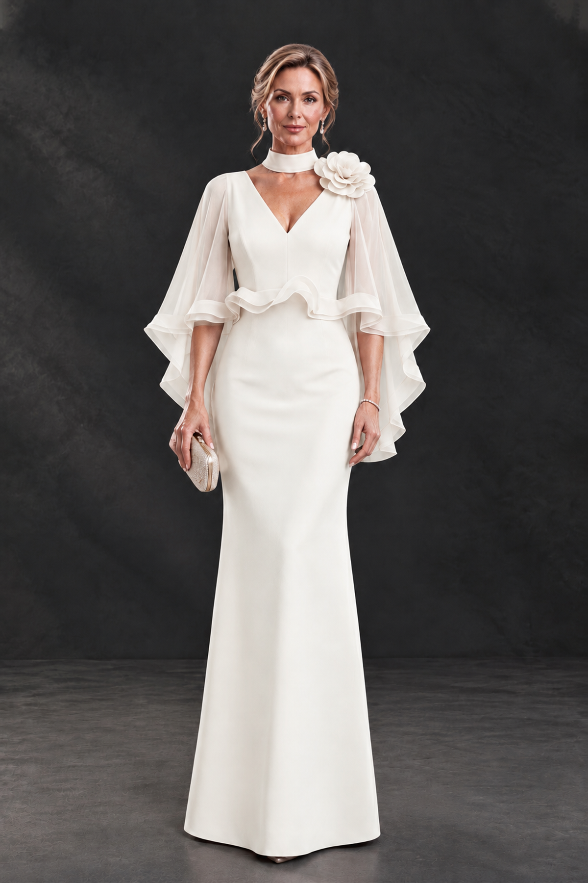 BOLODOO Ivory Floral Cape Sleeve Mother of the Bride Dress - Ivory - Ivory_1