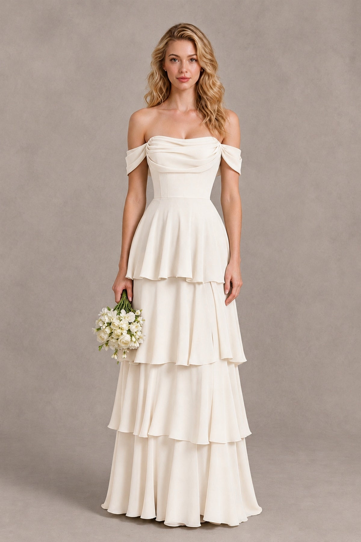 BOLODOO Ivory Off-the-Shoulder Tiered A-Line Evening Bridesmaid Dress - Ivory - Ivory_1