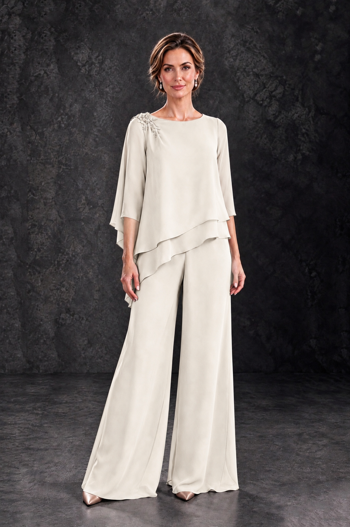 BOLODOO Ivory Layered Wide-Leg Mother of the Bride Pant Suit - Ivory - Ivory_1