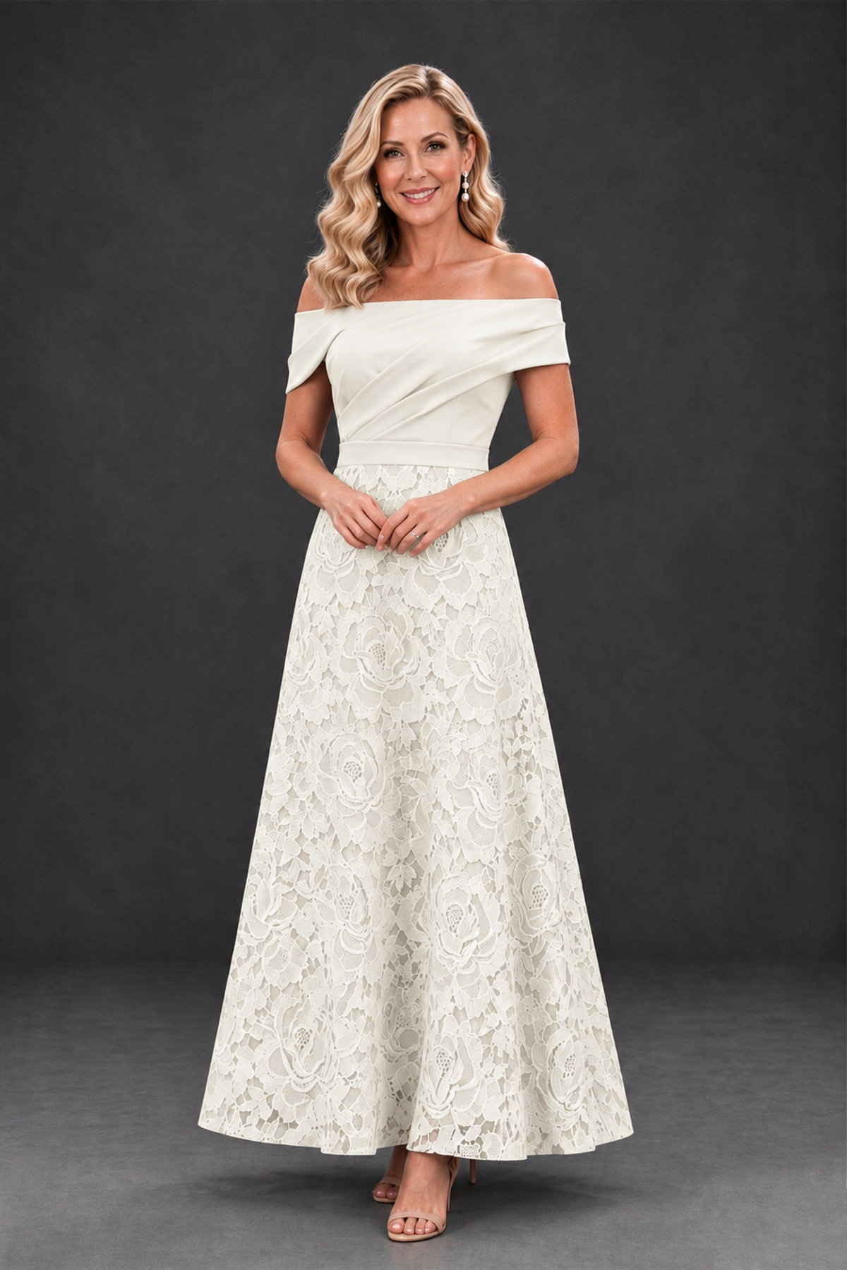 BOLODOO Ivory Off-the-Shoulder Floral A-Line Mother of the Bride Dress - Ivory - Ivory_1