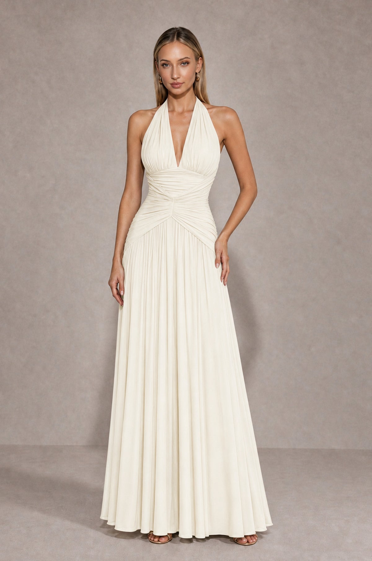 BOLODOO Ivory Chiffon Halter Deep V-Neck Ruched A-Line Backless Maxi Dress with Train-BD0167 - Ivory - Ivory_1