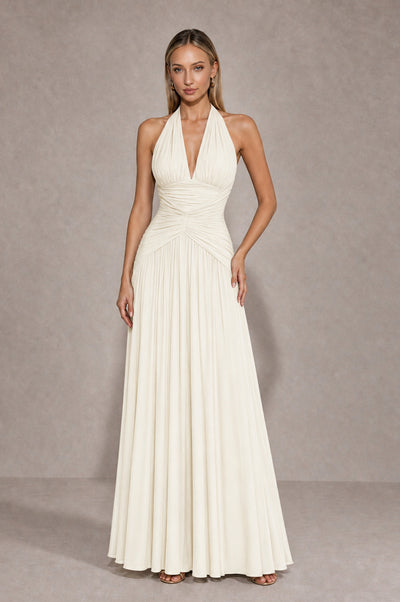 BOLODOO Ivory Chiffon Halter Deep V-Neck Ruched A-Line Backless Maxi Dress with Train-BD0167 - Ivory - Ivory_1