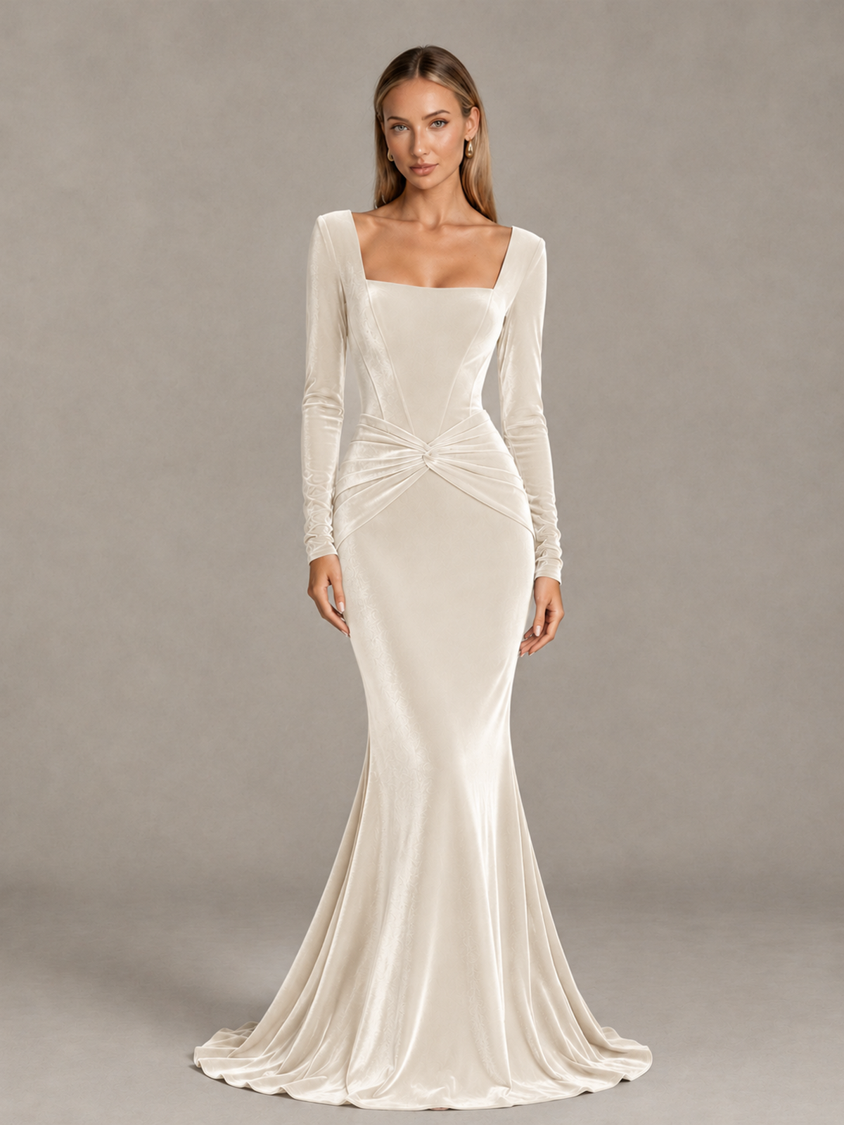 BOLODOO Ivory Velvet-Look Square Neck Long Sleeve Mermaid Evening Dress - Ivory - Ivory_1