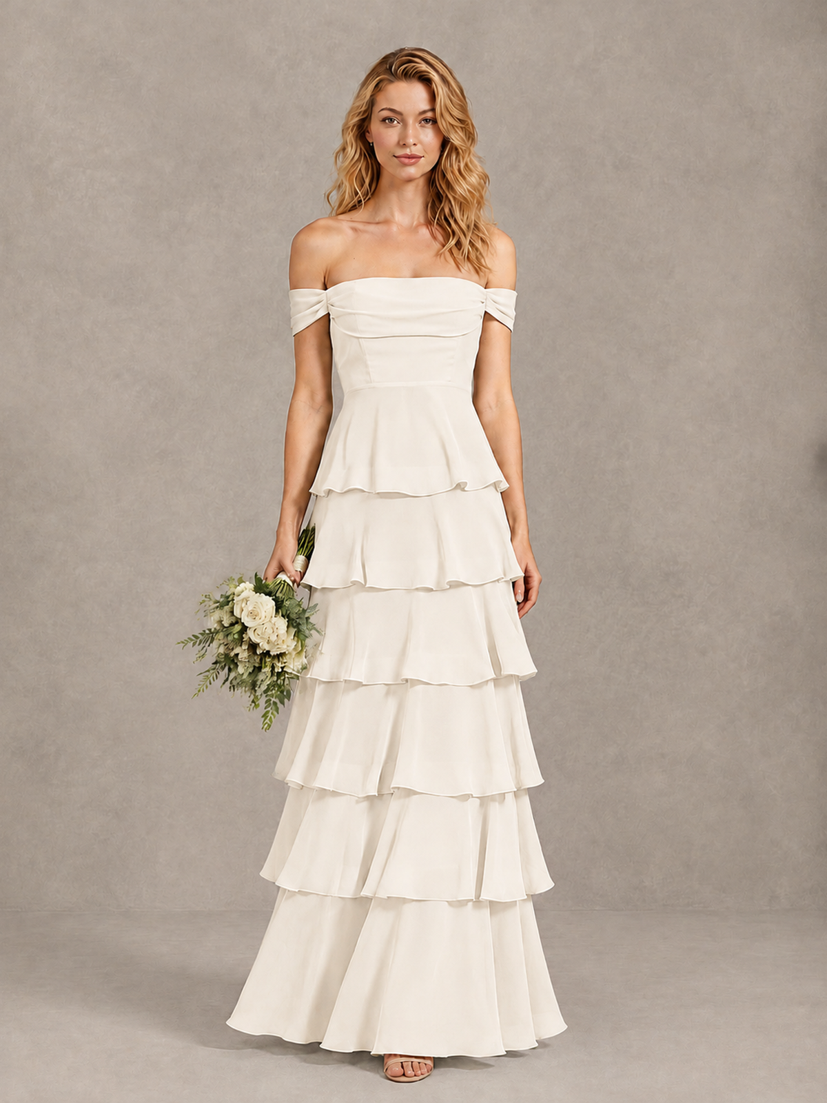 BOLODOO Ivory Off-Shoulder Tiered Ruffle Bridesmaid Dress with Lace-Up Back - Ivory - Ivory_1