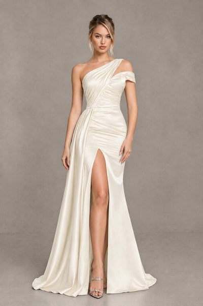 BOLODOO Ivory Asymmetric Ruched Formal Evening Dress - Ivory - Ivory_1