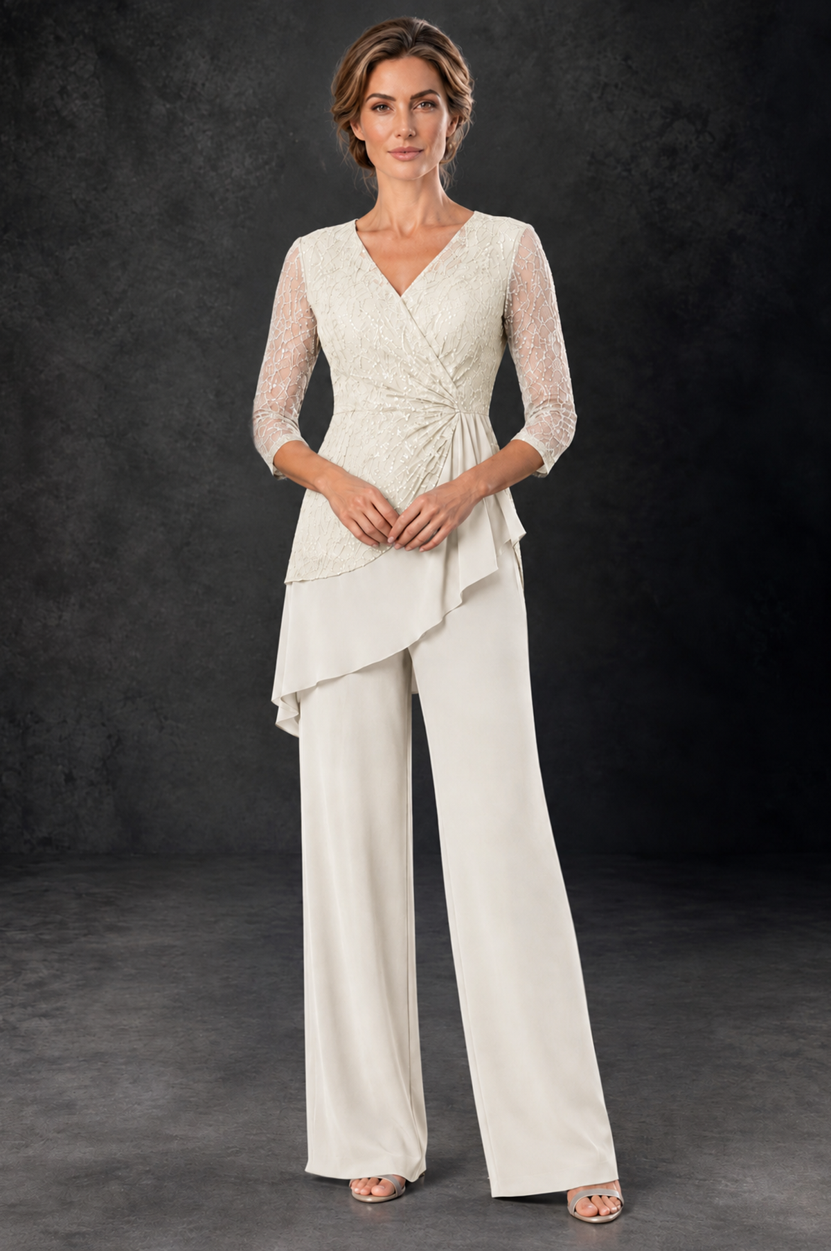 BOLODOO Ivory Sequin Lace 3/4 Sleeve Chiffon Mother of the Bride Pant Suit - Ivory - Ivory_1