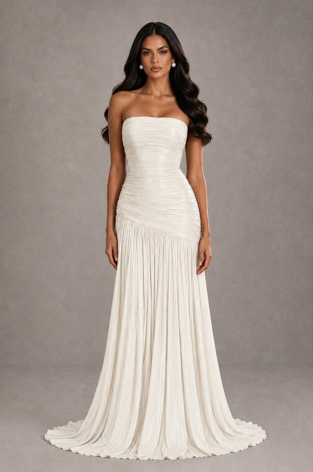 BOLODOO Ivory Metallic Ruched Strapless Pleated A-Line Backless Maxi Dress with Train - Ivory - Ivory_1