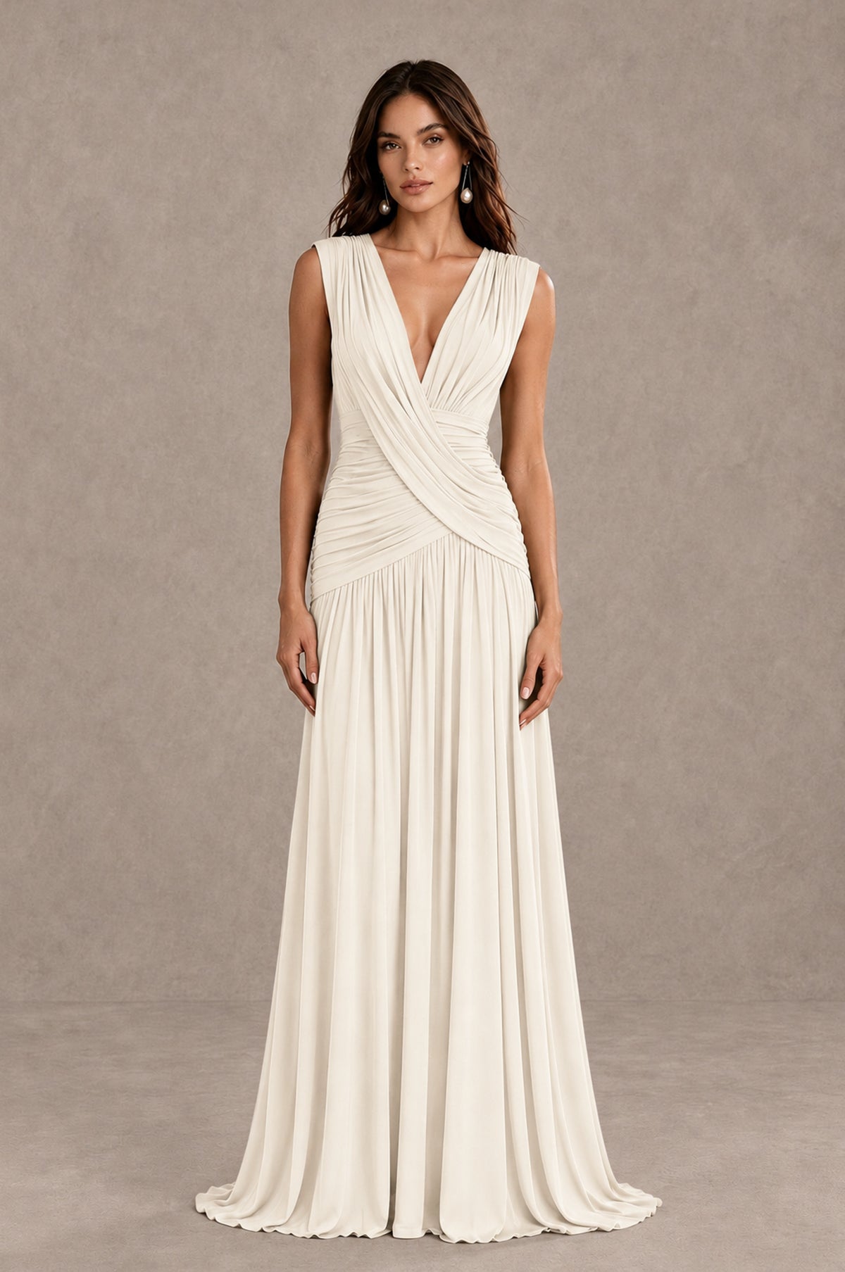 BOLODOO Ivory V-Neck Ruched Wedding Guest Dress - Ivory - Ivory_1