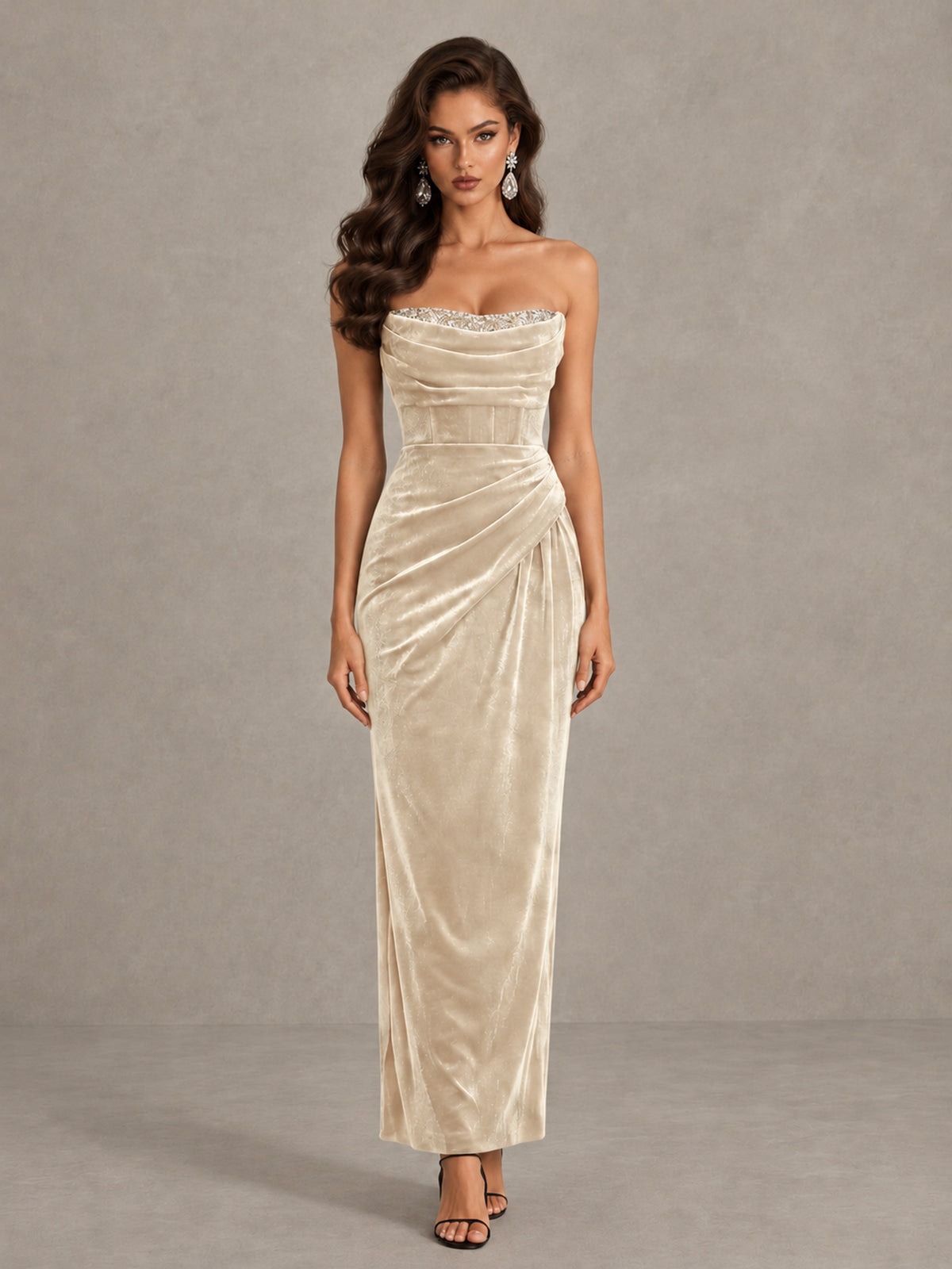BOLODOO Ivory Strapless Velvet Cocktail Maxi Dress - Ivory - Ivory_1