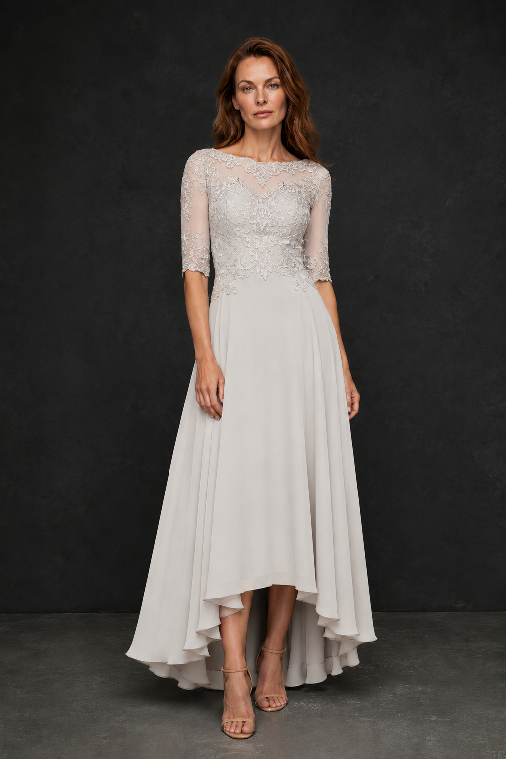 BOLODOO Ivory Illusion Lace 3/4 Sleeve Hi-Lo Chiffon A-Line Dress | Mother of the Bride Tea Length Dress - Ivory