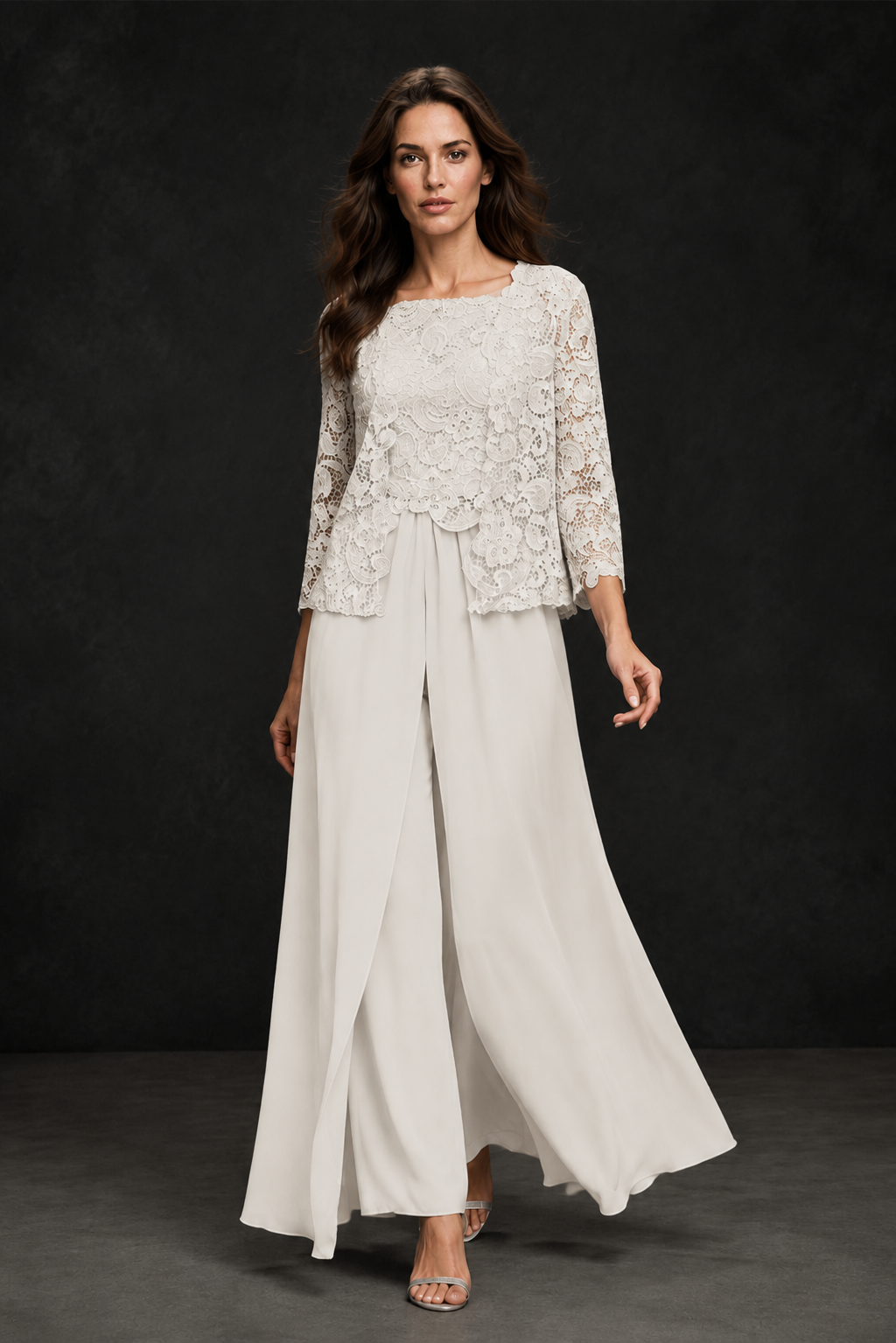 BOLODOO Ivory Grey Lace Peplum Top & Wide-Leg Chiffon Pants Set | Mother of the Bride & Formal Evening Outfit - Ivory
