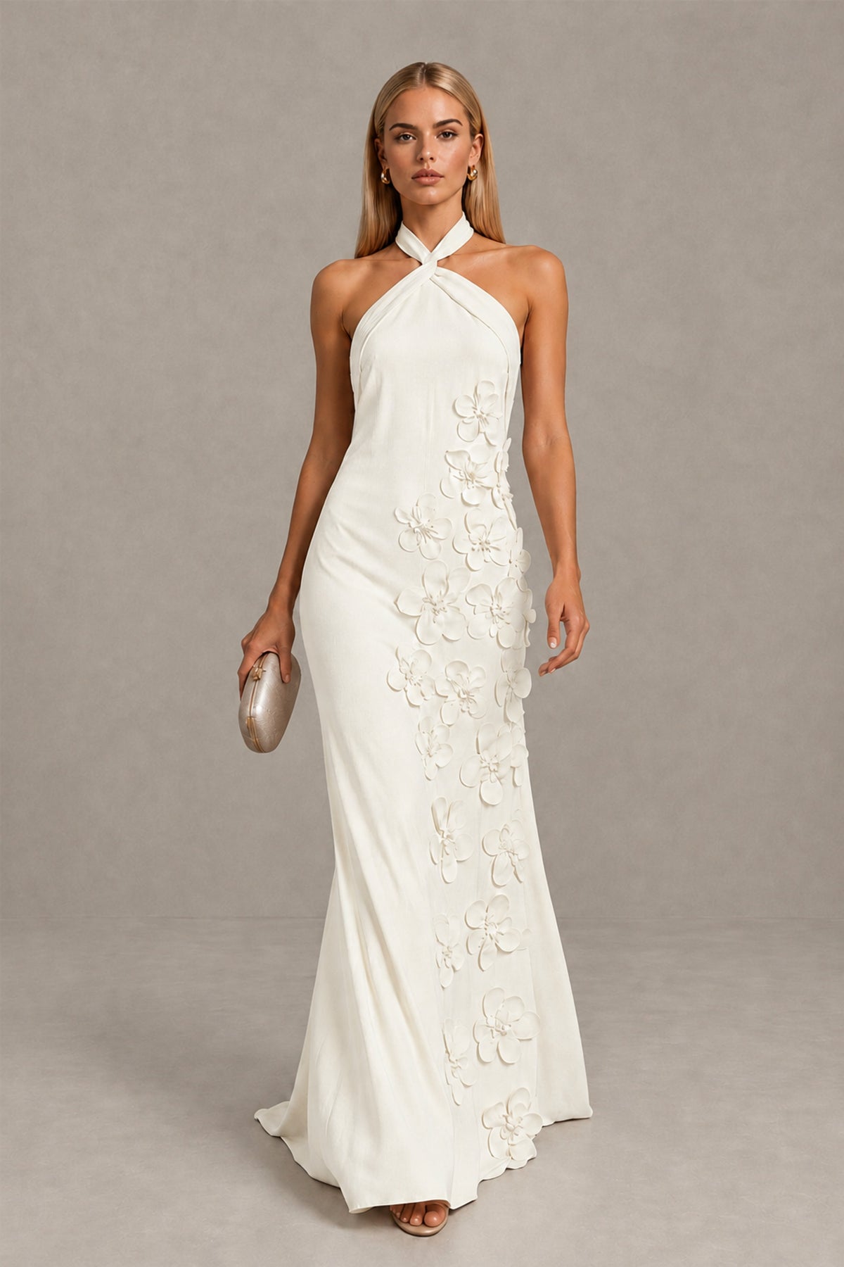 BOLODOO Ivory Cross Halter Neck 3D Floral Appliqué Backless Mermaid Maxi Gown - Ivory - Ivory_1