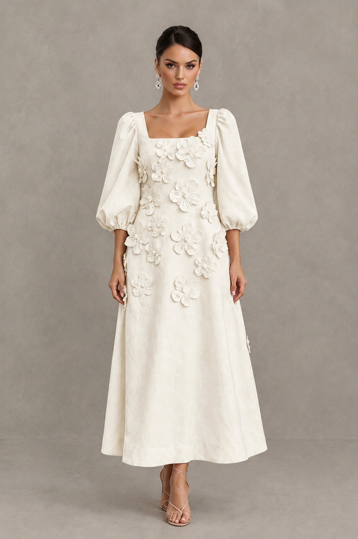 BOLODOO Ivory 3D Floral Puff Sleeve Midi Cocktail Dress - Ivory - Ivory_1