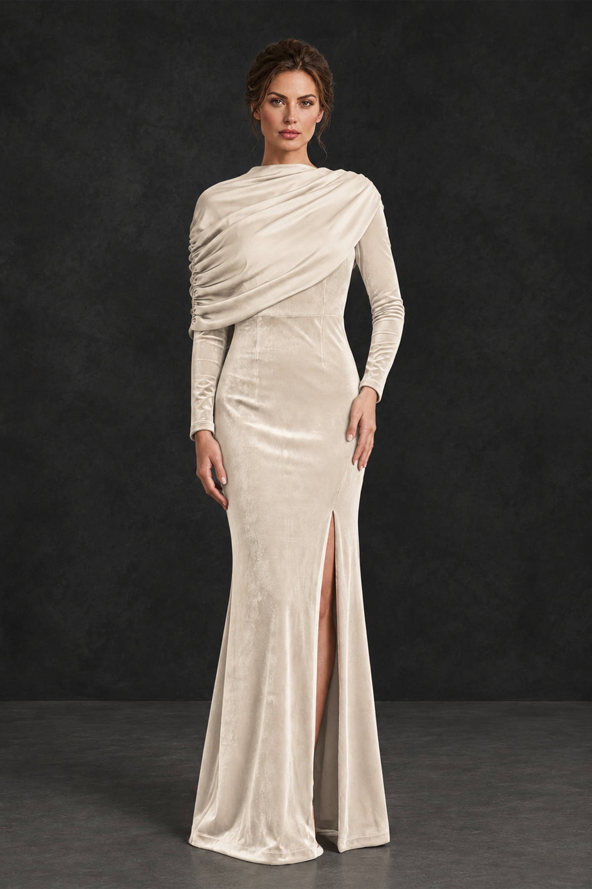 BOLODOO Ivory Velvet Long Sleeve Draped Mother of the Bride Dress - Ivory - Ivory_1