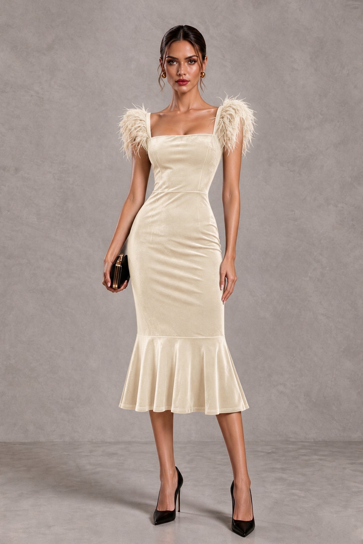 BOLODOO Ivory Feather-Trim Velvet-Look Mermaid Midi Dress - Ivory - Ivory_1