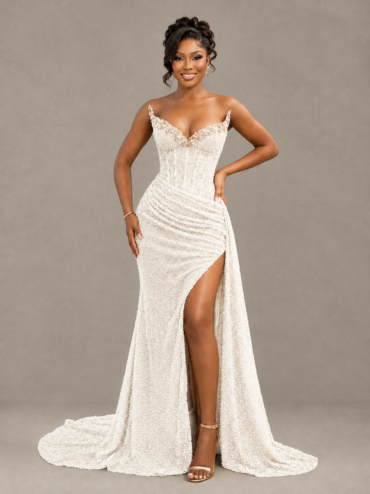 BOLODOO Ivory Gold Corset Prom Dress with High Slit - Ivory - Ivory_1