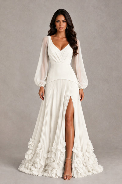 BOLODOO Ivory V-Neck Long Sleeve Pleated Floral Hem Evening Dress - Ivory - Ivory_1