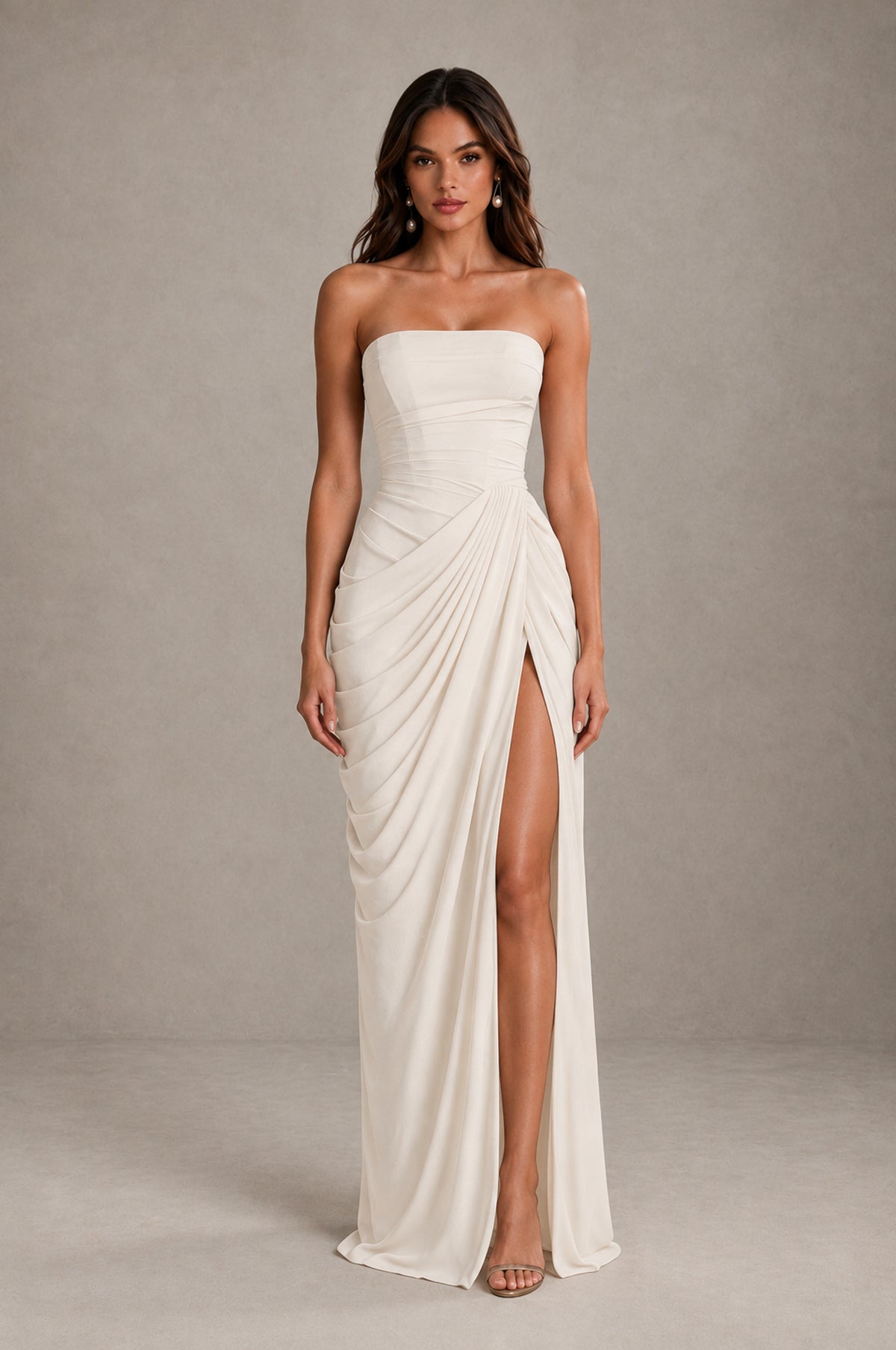 BOLODOO Strapless Draped Maxi Dress - Ivory Backless Evening Gown with High Slit - Ivory - Ivory_1