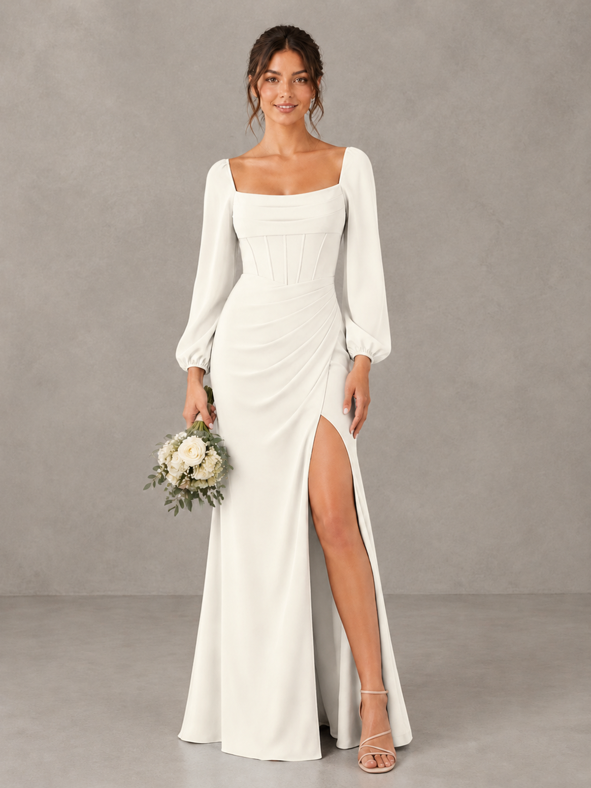 BOLODOO Ivory Square Neck Long Sleeve Bridesmaid Dress with High Slit - Ivory - Ivory_1