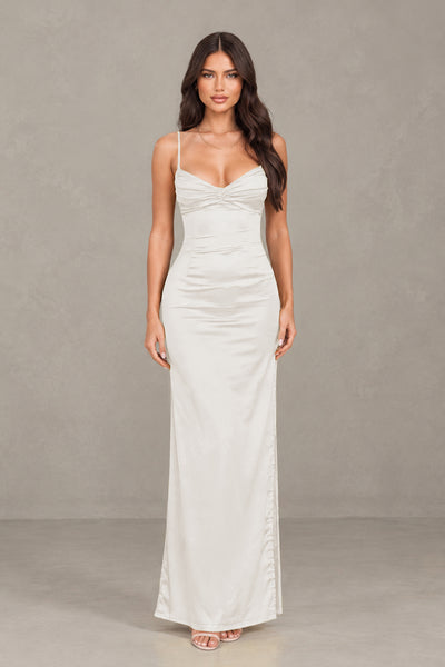BOLODOO Ivory Satin Cowl Neck Open Back Mermaid Maxi Dress with Side Slit - Ivory