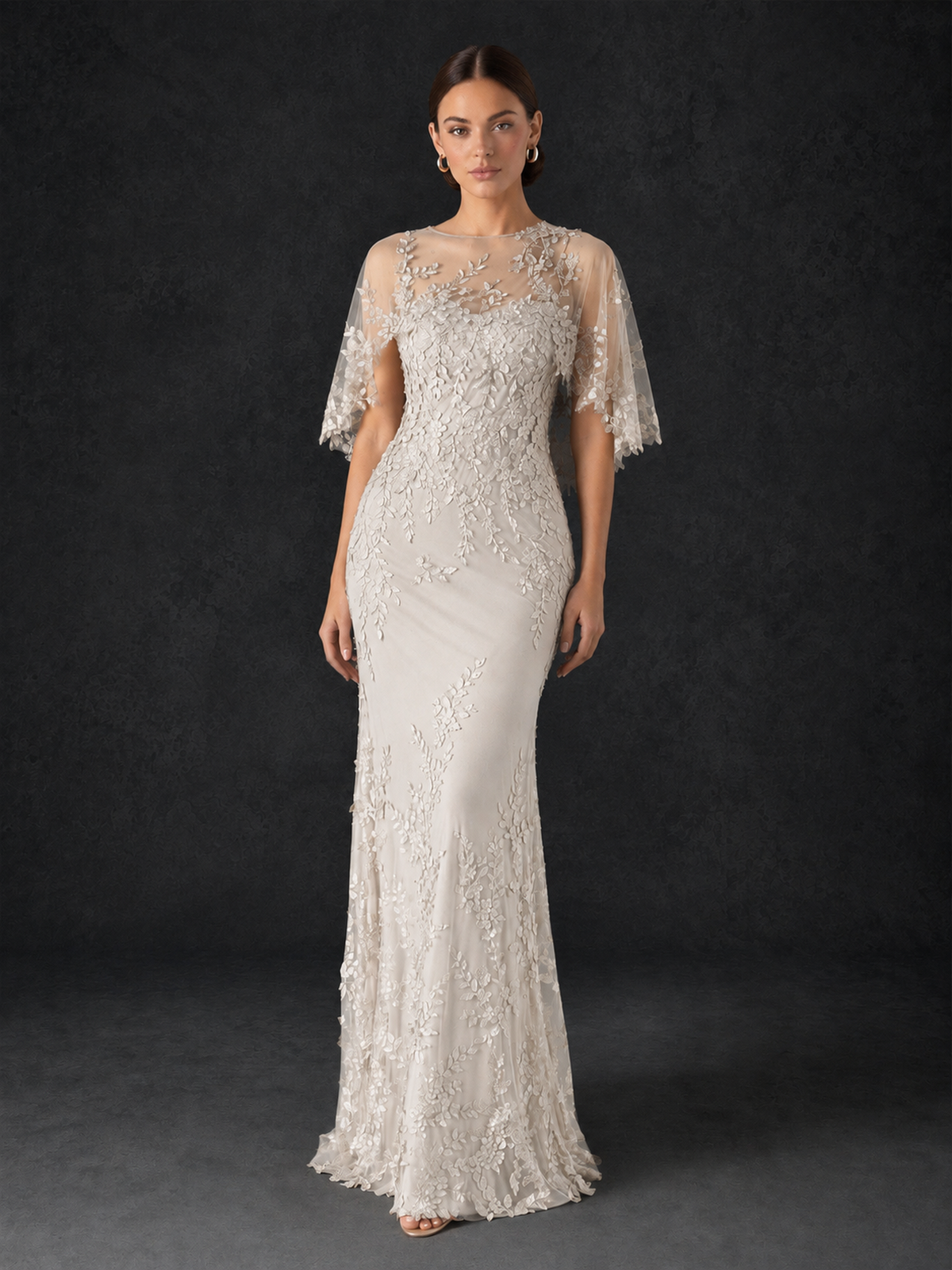 BOLODOO Mocha Ivory Botanical Lace Flutter Sleeve Mermaid Gown - Ivory