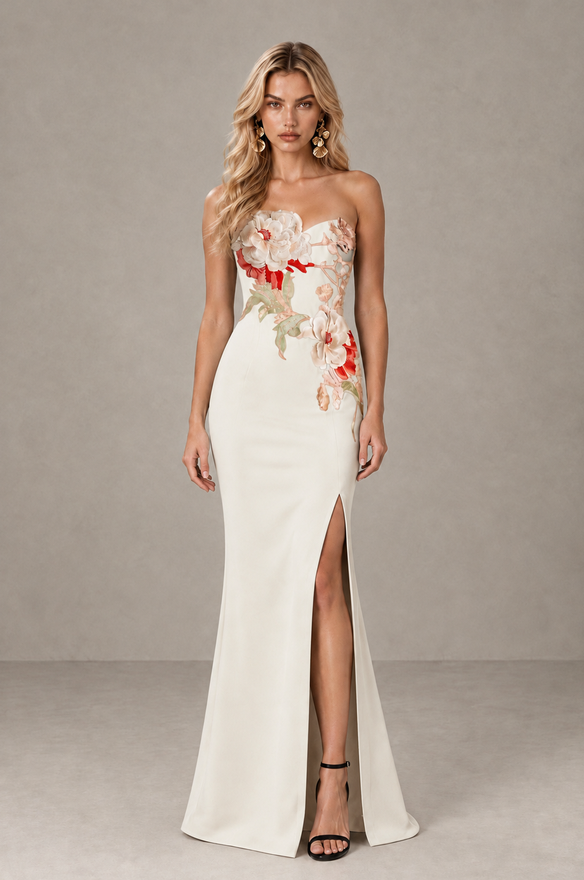 BOLODOO Ivory Strapless Floral Mermaid Evening Dress with Slit - Ivory - Ivory_1