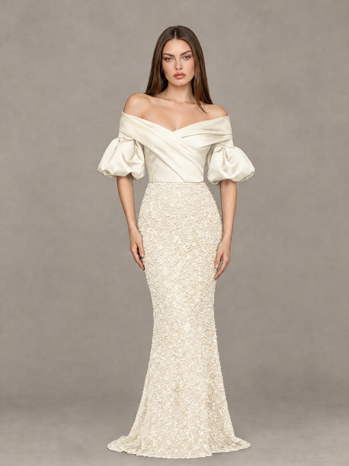 BOLODOO Ivory Off-Shoulder Puff Sleeve Sequin Mermaid Evening Dress - Ivory - Ivory_1