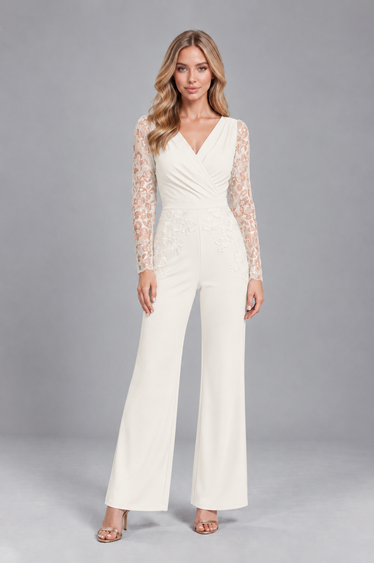 BOLODOO Ivory Lace Long-Sleeve V-Neck Mother Pant Suit - Ivory - Ivory_1