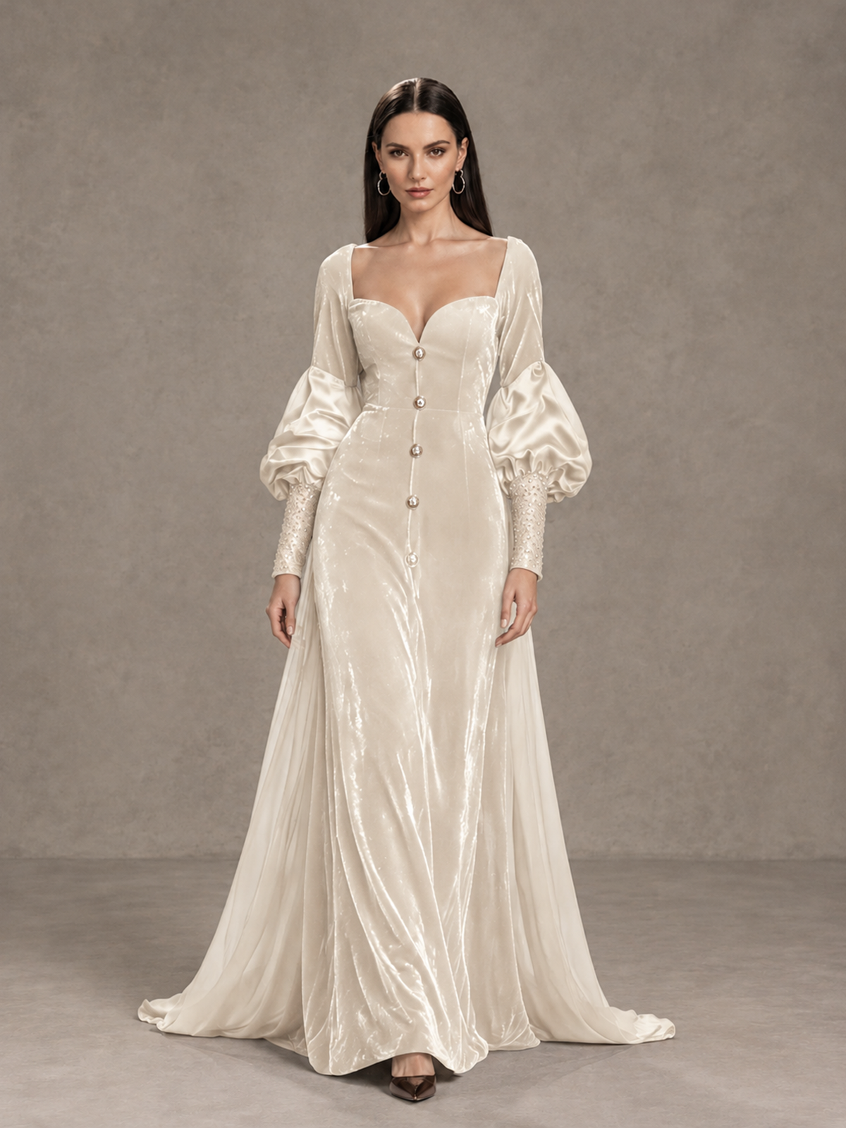 BOLODOO Ivory Velvet Long Sleeve Open-Back Evening Gown - Ivory - Ivory_1