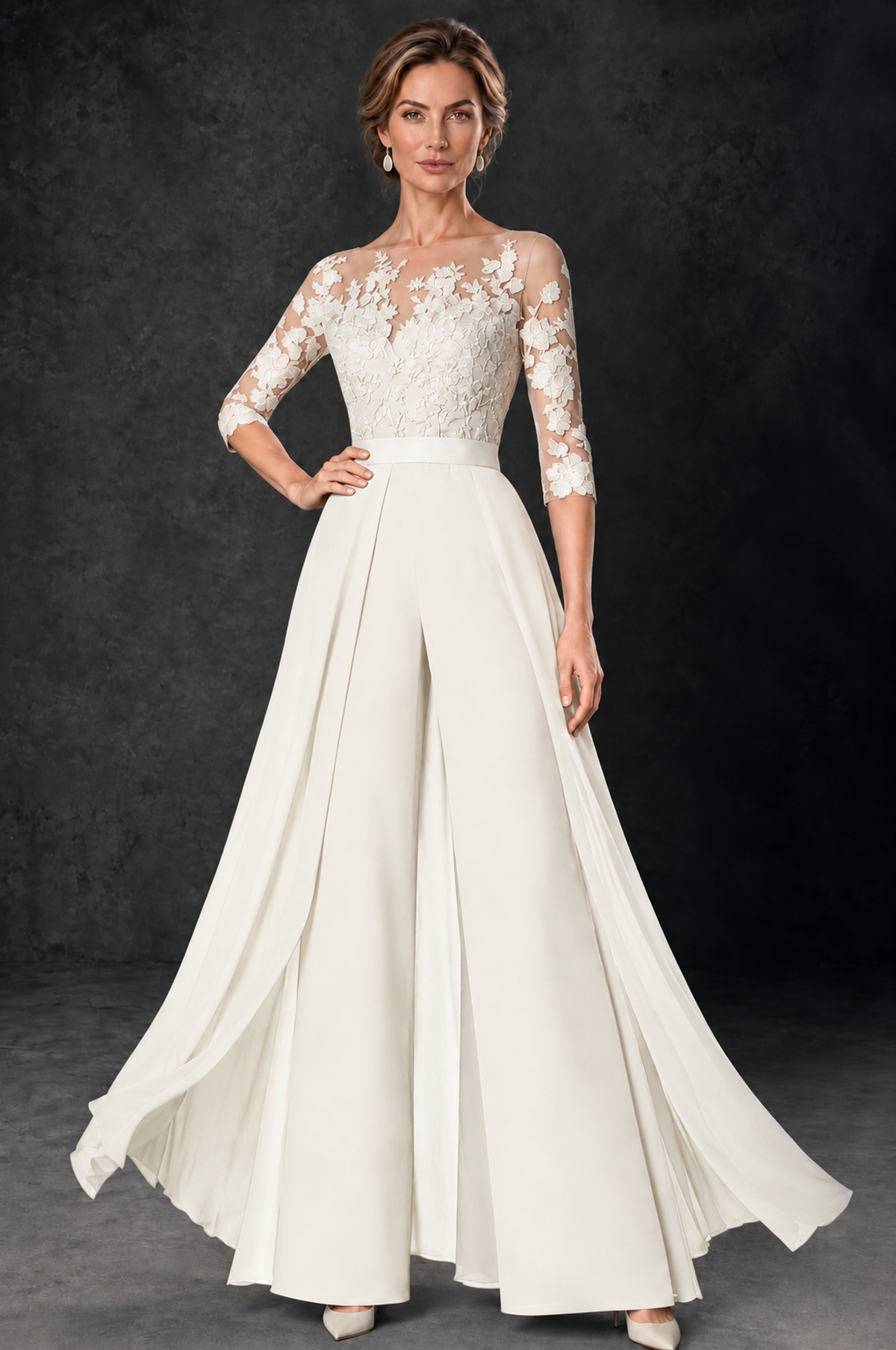 BOLODOO Ivory Lace Wide-Leg Jumpsuit with Three-Quarter Sleeves - Ivory - Ivory_1