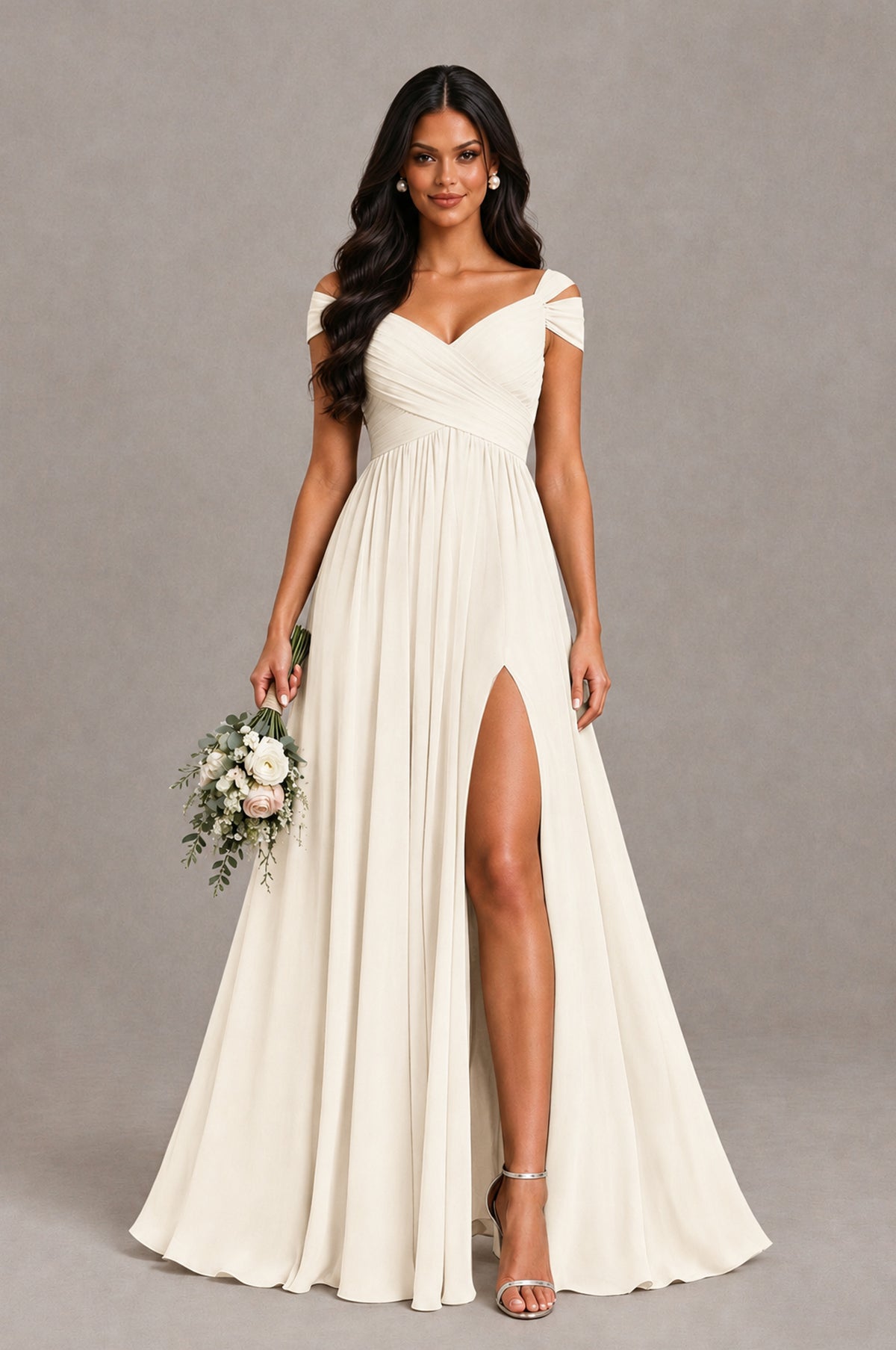 BOLODOO Ivory Cold Shoulder Chiffon Evening Dress with V Neck and High Slit - Ivory - Ivory_1