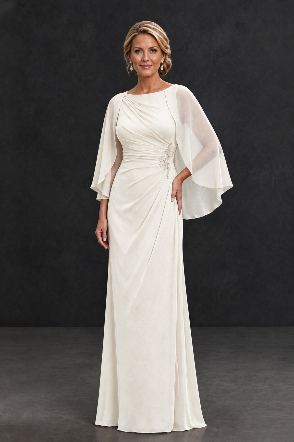 BOLODOO Ivory Cape Sleeve Mother of the Bride Dress with Ruched Waist - Ivory - Ivory_1