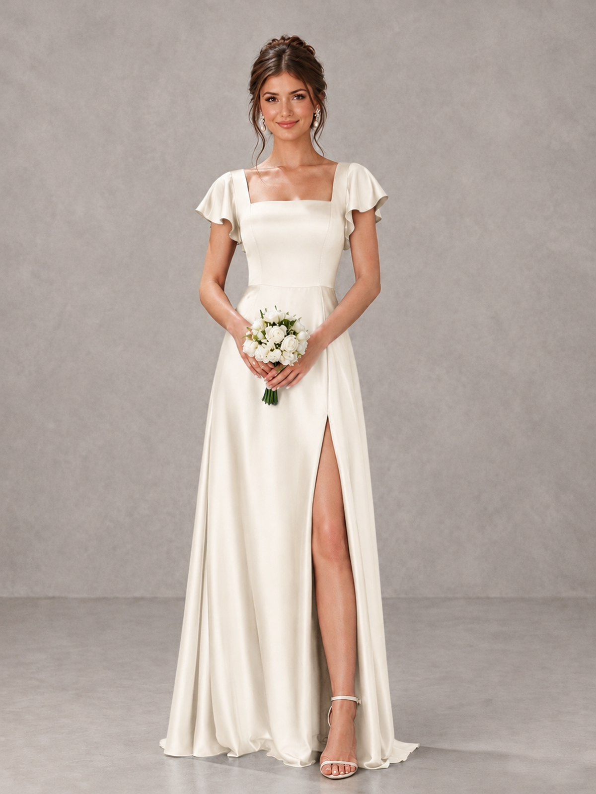 BOLODOO Ivory Satin Square Neck Flutter Sleeve A-Line Bridesmaid Dress with Slit - Ivory - Ivory_1