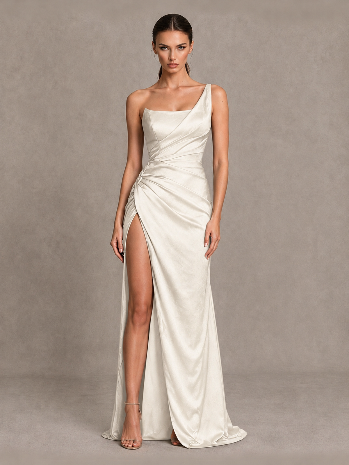 BOLODOO Ivory One Shoulder Satin Evening Gown with High Slit and Sweep Train - Ivory - Ivory_1