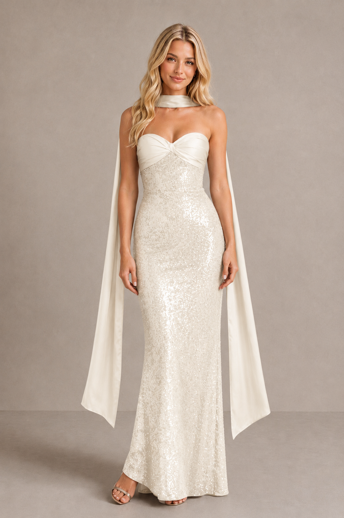 BOLODOO Ivory Strapless Sweetheart Evening Dress with Scarf - Ivory - Ivory_1