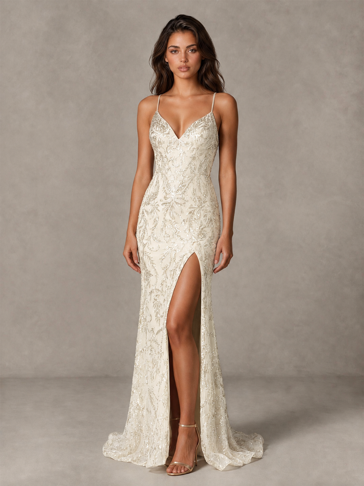 BOLODOO Ivory Sequin Prom Dress with Lace-Up Back and High Slit - Ivory - Ivory_1